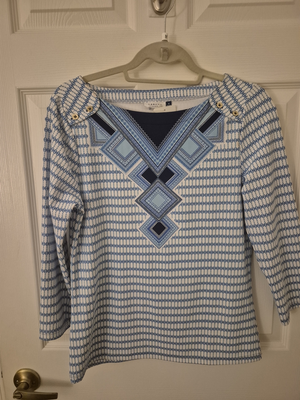Cabana Life 3/4 Length.sleeve Blue Geometric Swimsuit Material Women’s Top